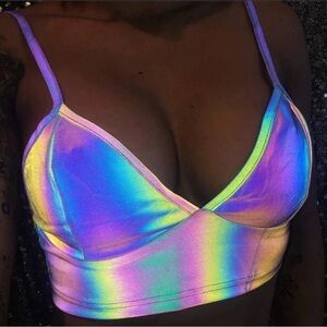 ReflectiveClo Holographic Reflective Glow Rave Festival Crop Iridescent EDM Top